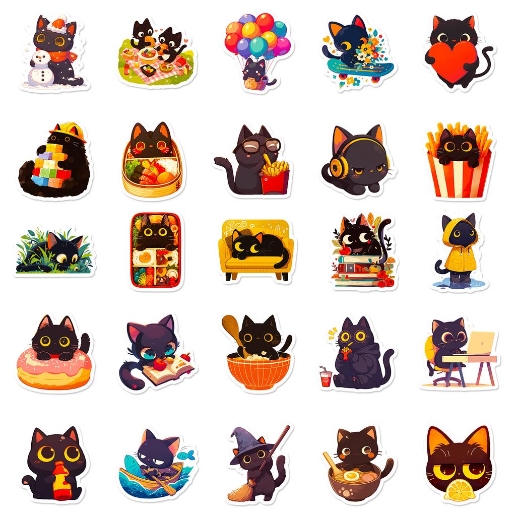 50pcs Daily Life of Black Cats Cartoon Graffiti Stickers DIY Phone Guitar Laptop Notebook Suitcase Waterproof Sticker Kids Toy