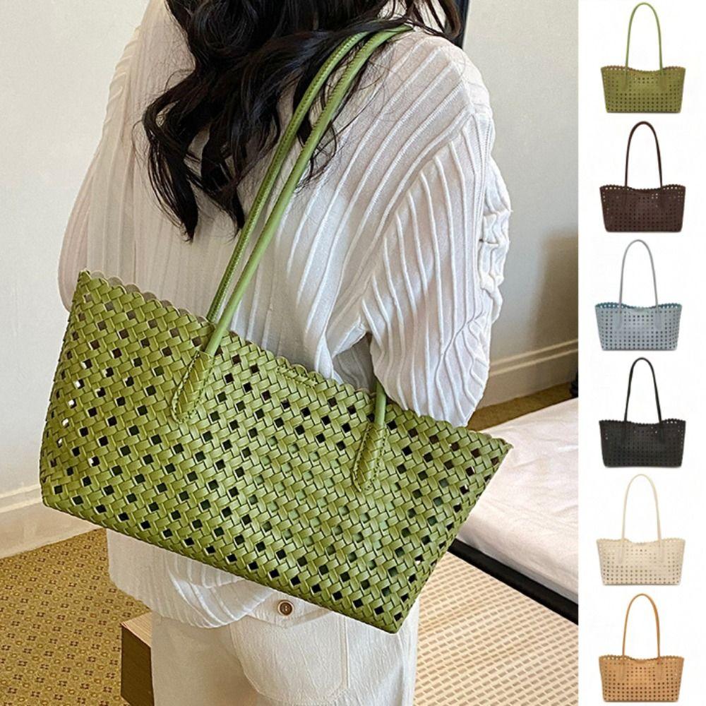 Foldable Hollow Out Weave Bag Large Capacity Beach Handbag Trendy Leather Woven Tote Bag Girls