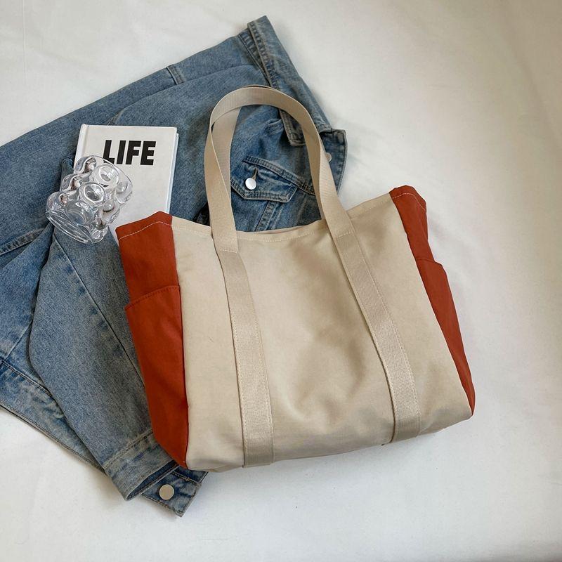 Canvas bag female college student large-capacity tote bag fashion shoulder casual handbag color matching class simple satchel