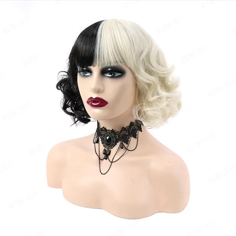 

HAIRJOY Синтетические волосы Косплей Круэлла Свободная волна Боб с аккуратной челкой Черно-белый парик для женщин Костюм на Хэллоуин as the picture-12inches