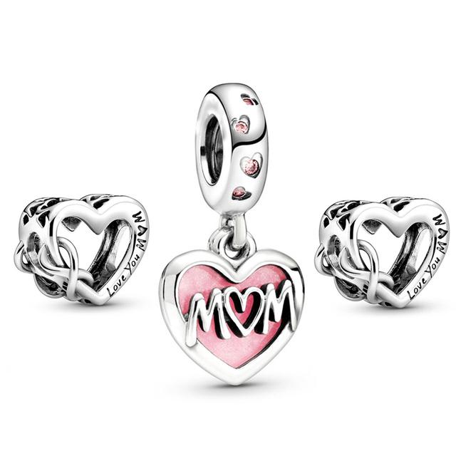 3pcs /Lot Pink Love Heart Beads Enamel Mom Pendant Fit Diy Brand Charm Bracelets Necklaces For Women Mother Jewelry Making