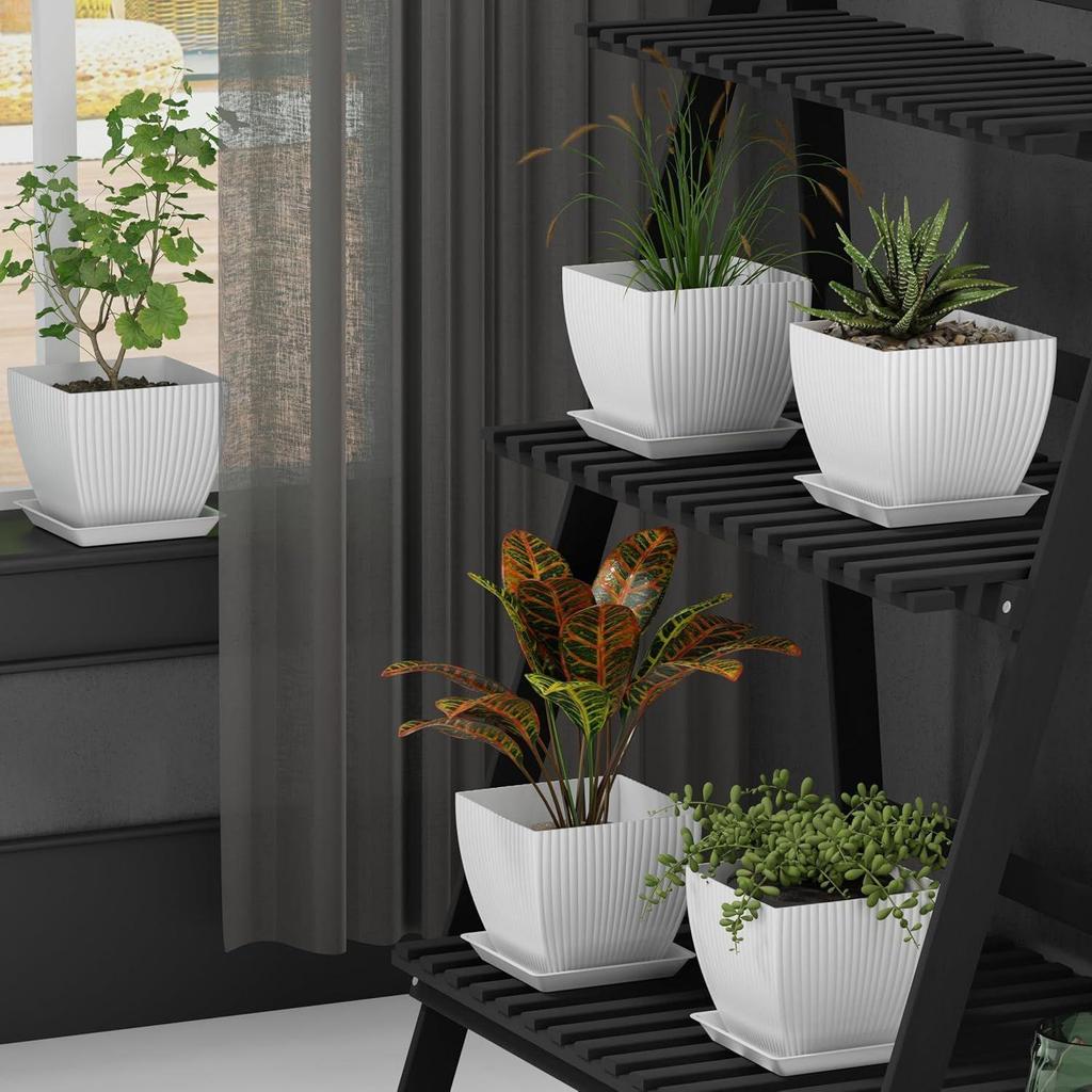 Pack of 5 6 inch Plant Flower Pots with Drainage Holes and Tray Saucers Outdoor Indoor - Ideal for Indoor Plants, Succulents, and Small Pots