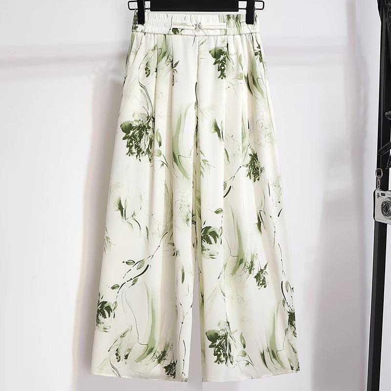 

Женские новые осенние брюки-юбка миди с цветочным принтом в китайском стиле с драпировкой и широкими штанинами L зелёный/цветочный