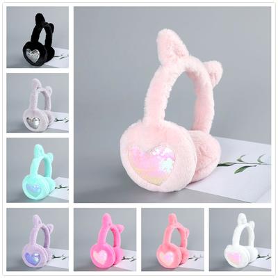 New Cute Women Winter Warm Earmuffs Glitter Sequin Cat Ear Soft Plush Solid Color Love Earmuffs Cold Protection Warm Hot 1PCS