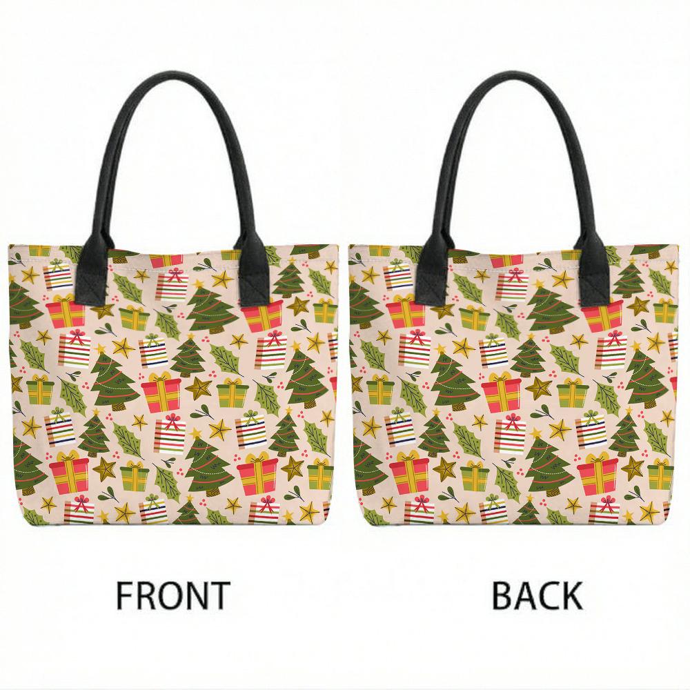  Christmas Print Canvas Tote Bag Large Capacity Casual Daily Shoulder Handbag for Holiday Shopping