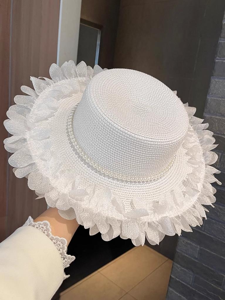Elegant Lace Straw Hat Women'S Summer Outdoor Wide Brim Sunscreen Sunshade Vacation Sun Hat New Pearl Top Hat