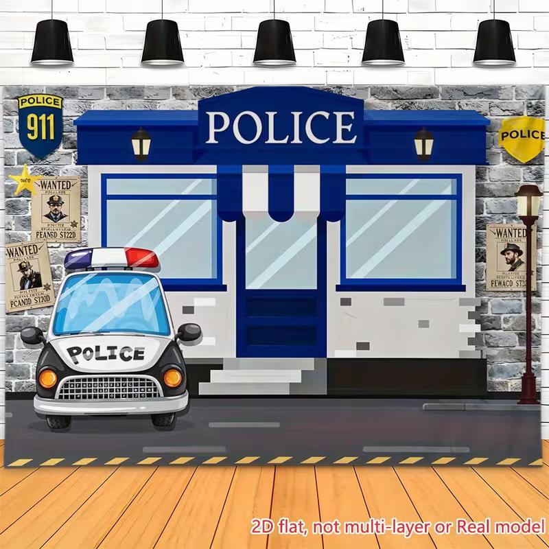 

2D Cartoon Police Station Backdrop with Police Car & Wanted Posters 47.2x31.5inch/120*80cm