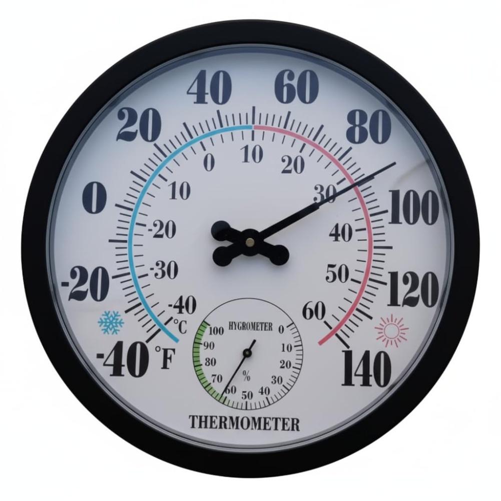 

Analog Thermometer with Hygrometer Indoor Outdoor Large Circular Fahrenheit Celsius 40 to 140 Degrees For Home Garden Use чорний