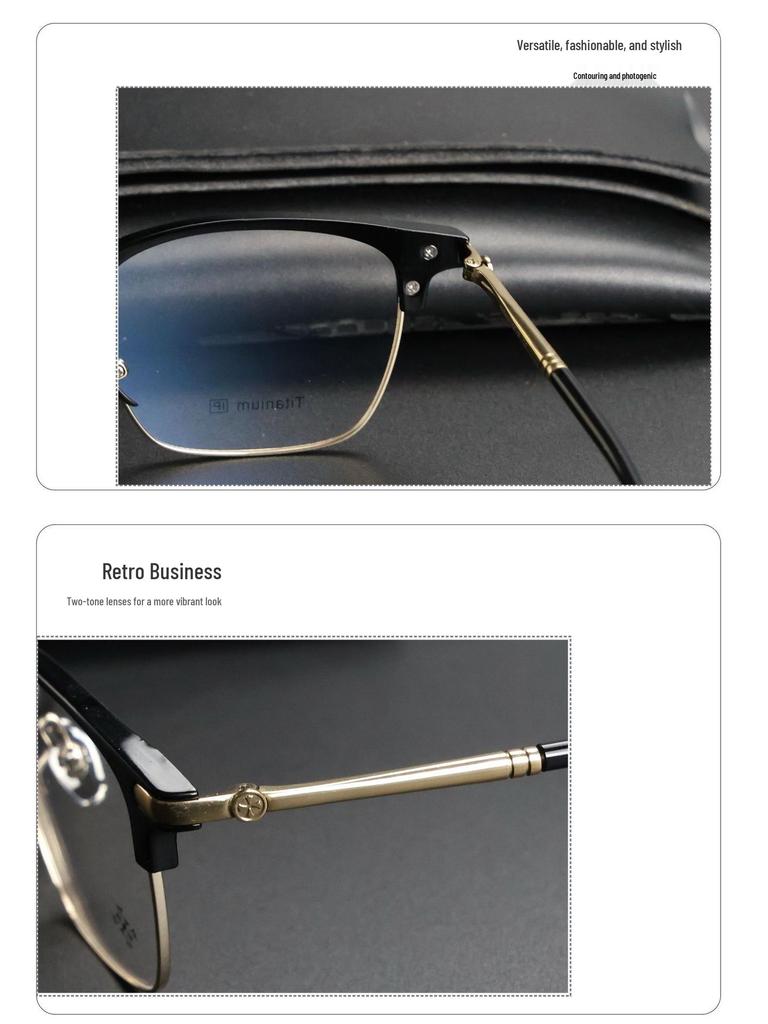 Men's PUNK Retro Titanium Eyebrow Half-Rim Glasses Frame, Large-Face Fit