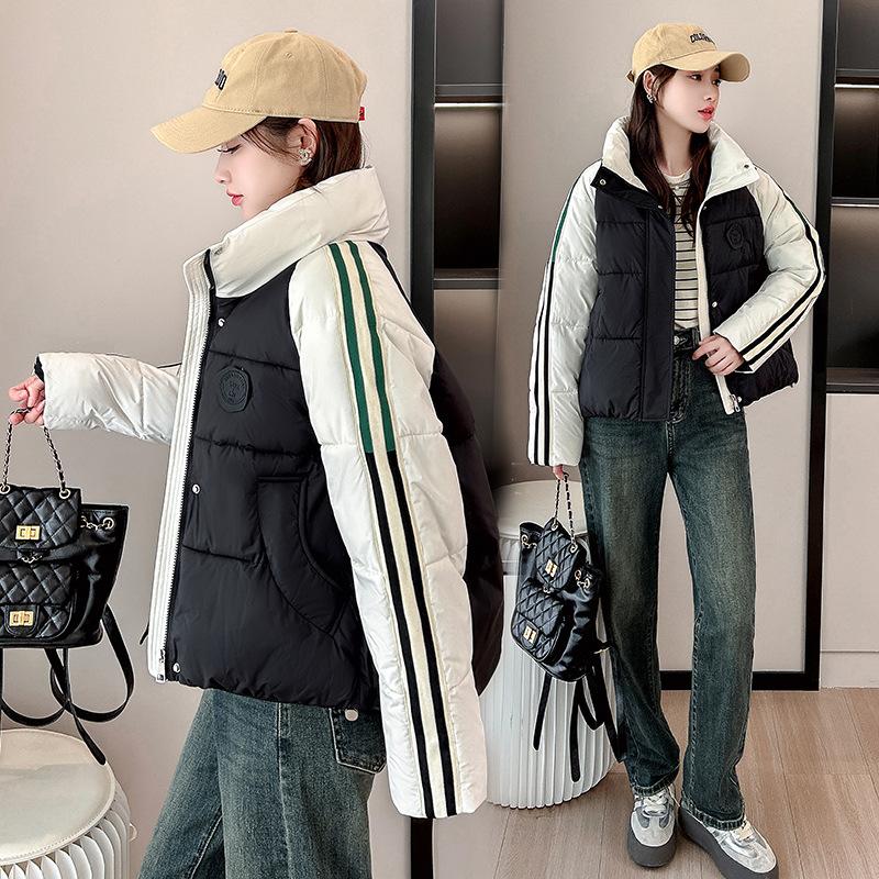 Contrasting down cotton jacket women's short winter 2025 new loose casual collegiate style thickened bread jacket