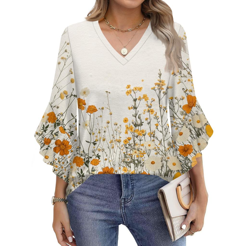 Blouses For Women Dressy Casual 3/4 Length Sleeve Womens Tops V Neck Tshirts Shirts With Flared Sleeve