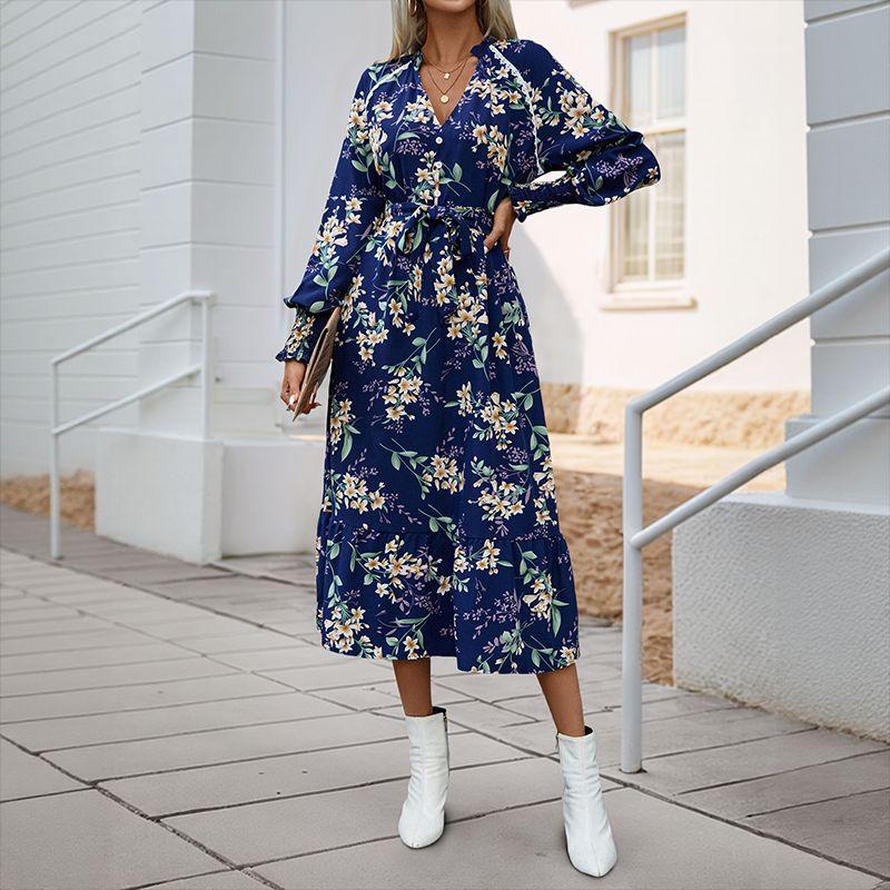 

Fashion Women Dress Ladies Print Skirt Fashion Long sleeve Flowers Print Dress Navy blue XL