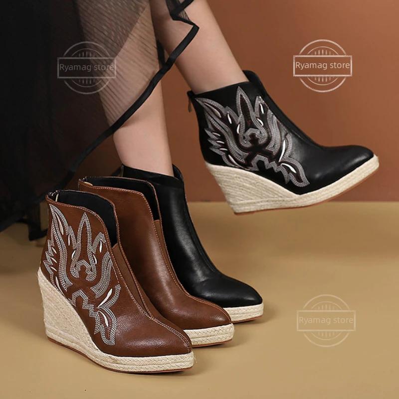 Boots Women's Platform Wedges Espadrilles High Quality Straw Rope Weave Wedge Boots Women Pointed Toe Heels Autumn Winter Shoes