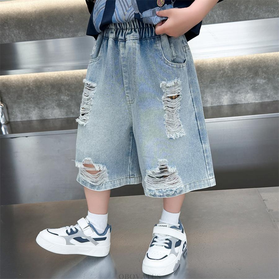 Pantaloncini di Jeans Strappati Estivi per Bambini con Buchi per Ragazzi Pre-adolescenti Jeans Blu Casual al Ginocchio Pantaloncini Spezzati per Bambini