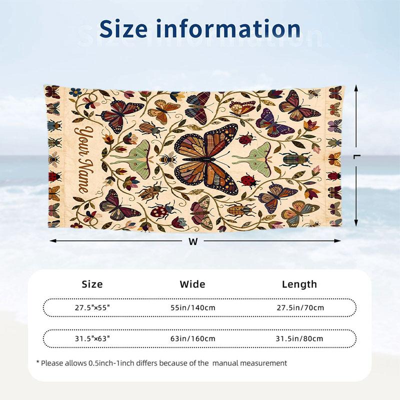 Butterfly Theme Beach Towel Personalized Custom Name & Text Soft Quick Dry Beach Towel for Swimming Travel