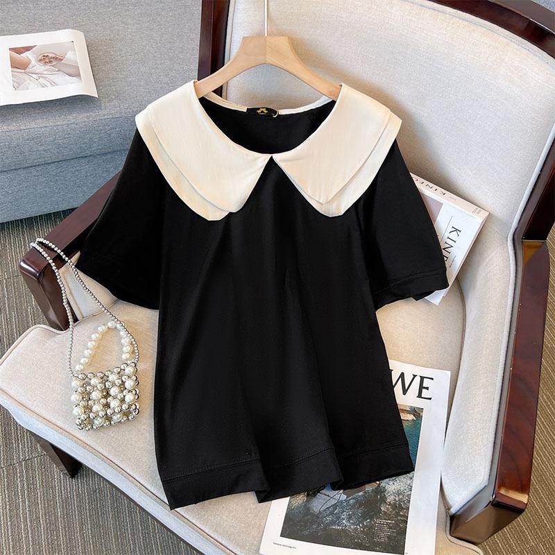 Tricou damă mărime Plus de vară Bumbac cu mâneci scurte Top cu gât de păpușă Tricou simplu