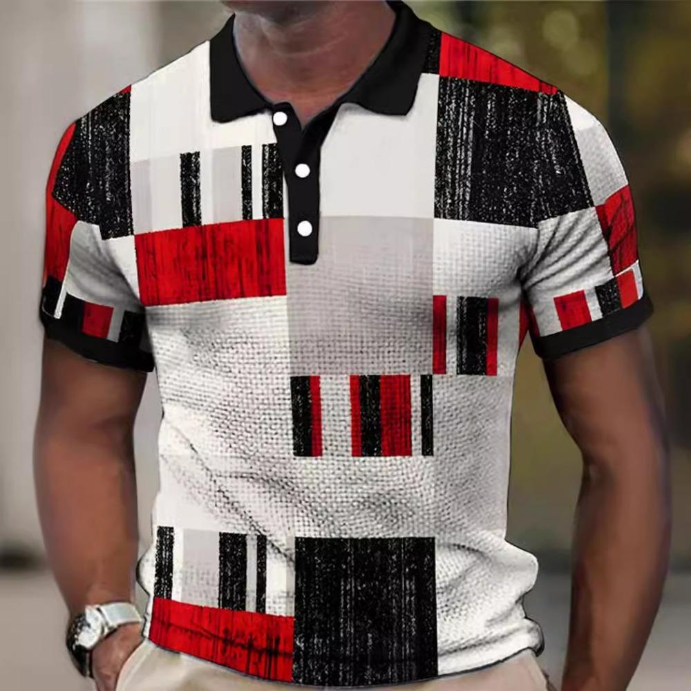 Fashion Block Splicing 3D Digital Printing Men's Casual Polo Shirt
