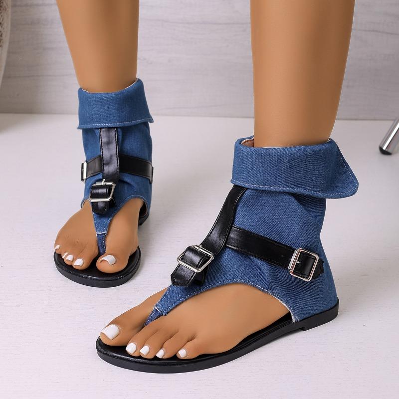 

Denim high-top flip-flops with belt buckle, plus size, European and American style, flat Roman sandals 43 синій