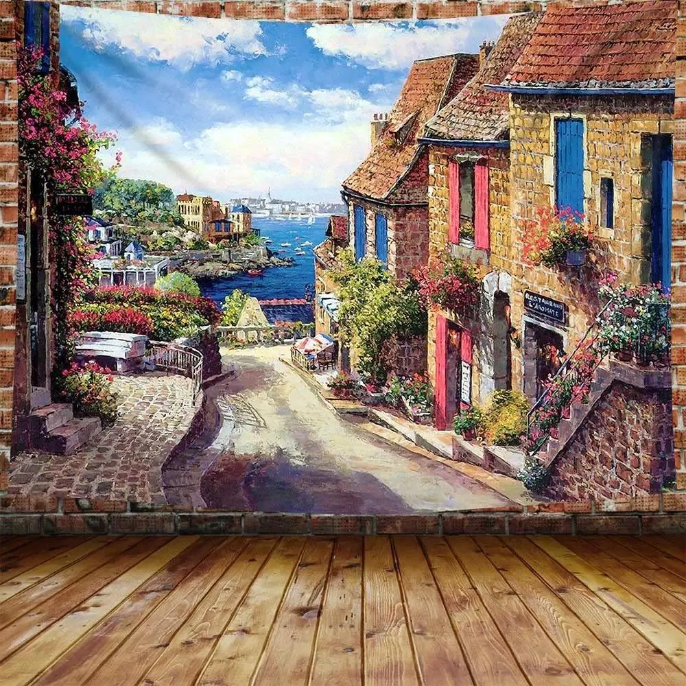 Nature Tapestry Idyllic Village Small Town European Pastoral Scenery Tapestry Wall Hanging Decor for Bedroom Living Room Dorm