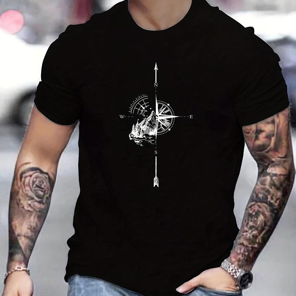 Men's Mountain Compass Pattern Print T-shirt Man Summer Casual Round Neck Short Sleeve T-shirt Top