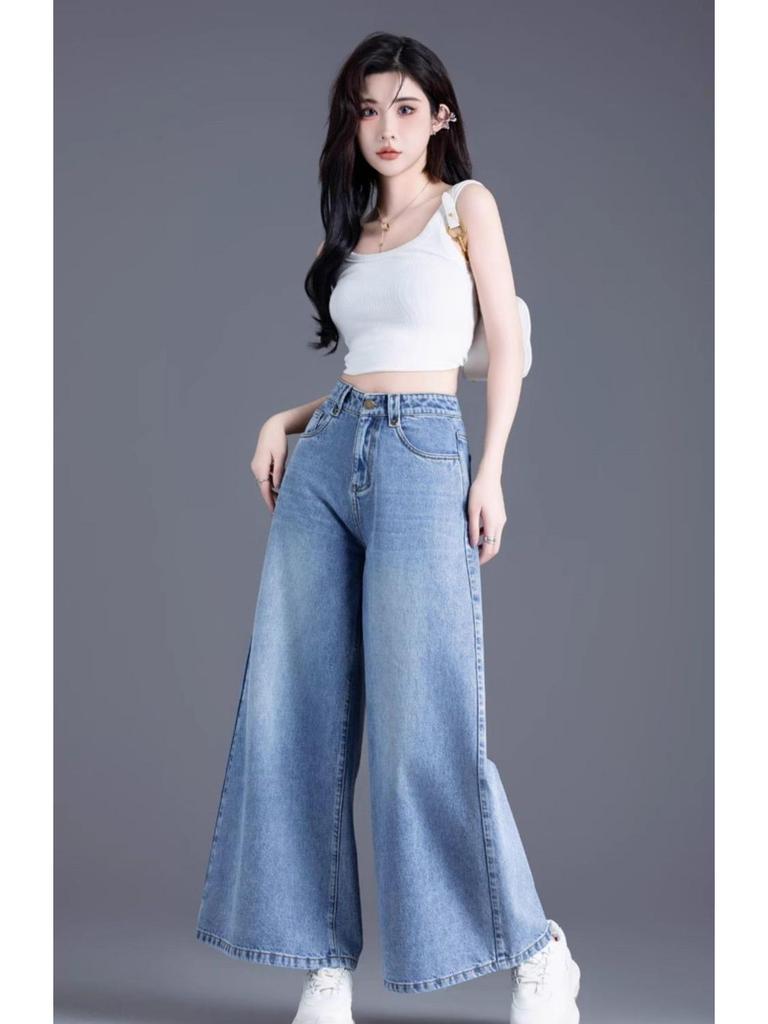 Women's Light Wash Wide-Leg Denim Pants - Spring/Summer 2026, Nine-Tenths Length, Loose Fit