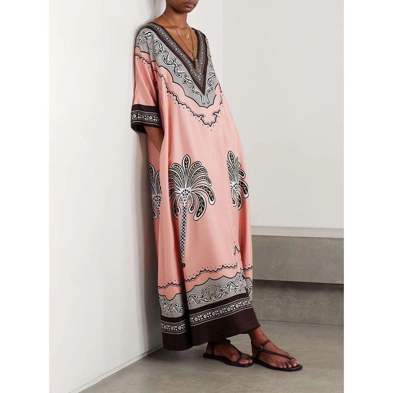 

Large Size Dress New European and American Summer Women Leisure Positioning Print V-neck Loose Satin Dress Image color XL