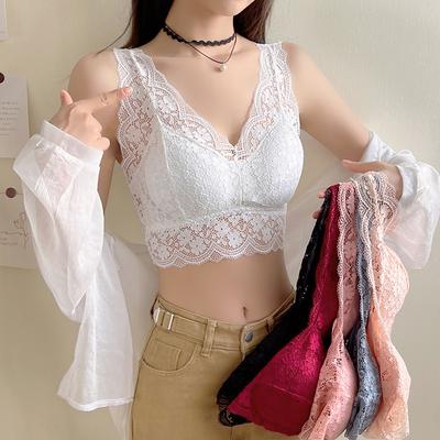 Sujetador de Encaje Top Mujer Cuello en V Profundo Lencería Sexy Sujetador sin Aros Tops Camiseta Ropa Interior Femenina Espalda en V Bralette Camisola Acolchada