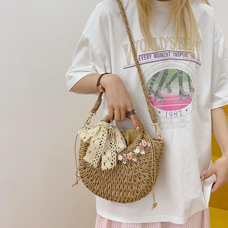 Small Fresh Flower Woven Bag 2025 New Style Seaside Vacation Beach Shoulder Portable Straw Vegetable Basket