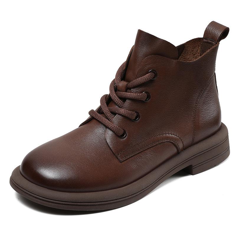 Johnature Botas de couro genuíno estilo britânico com cadarço e sola macia, botas curtas, sapatos femininos de cor sólida