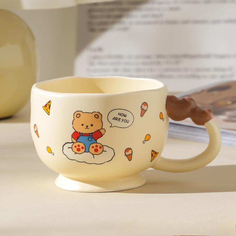 Cartoon Bear Ceramic Cup High Looking Oatmeal Breakfast Cup Couple Cup Small High Legged Mug with Cover Spoon