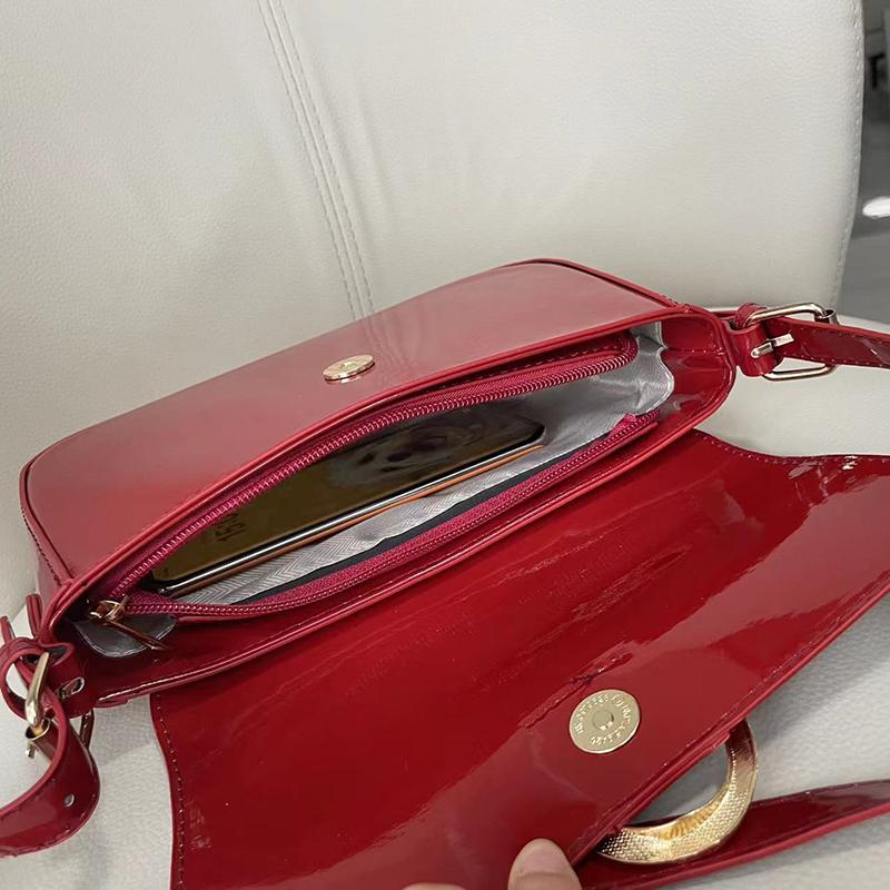 Geantă de umăr retro din piele lacuită pentru femei Geantă de lux cu clapetă Geantă de subrat de culoare solidă Geantă roșie de mână Geantă de mână