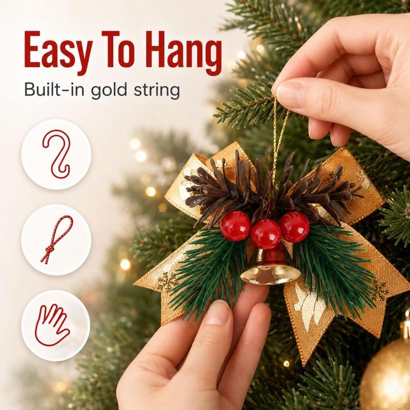Wholesale Mini Xmas Bow Ornament Bell Pine Cone Red Berries Christmas Tree Gift Box Wrapping Home Holiday Party Decor Bowknot