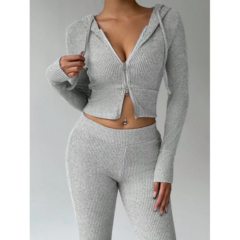 Western Style New Solid Slim fit Zip-up hood Top Casual Pants Two-piece Set Top and Pants Set