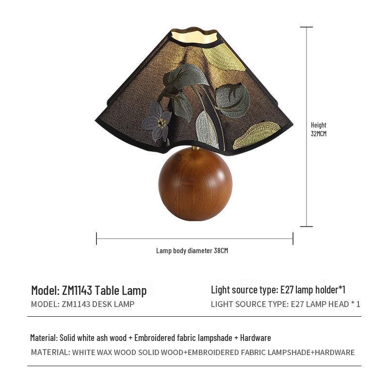 French Retro Mid-Century Wood Bedroom Lamp, Wabi-Sabi Style with Fabric Shade