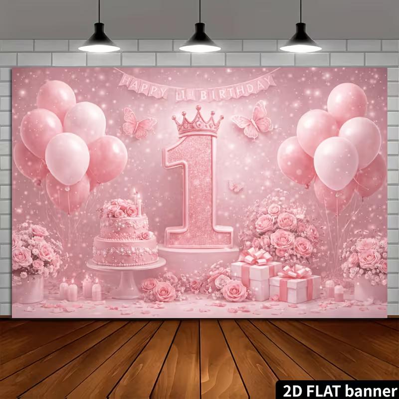 2D Pink Balloon and Cake First Birthday Backdrop Photography Background