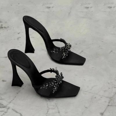 Sommer Damen High Heel Sandalen Kreuz Strass Quadratische Zehenpartie Zehenfrei Sandalen Seide Sexy Stiletto High Heels Pantoletten