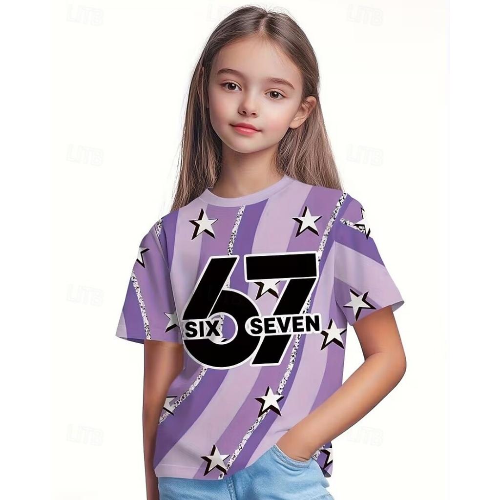 Fashion Girls Dreamy Cute 67 SIX SEVEN Print Kids T-Shirt Gradient 3D Digital Short Sleeve Tees Top Summer Casual Everyday Girl Clothing