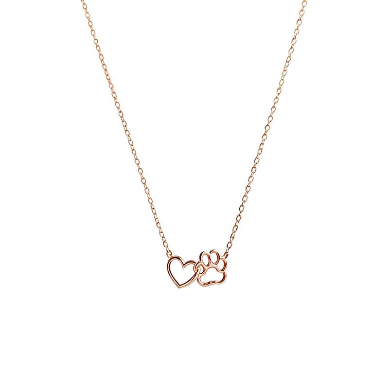 Dainty Heart and Pet Paw Hollow Gold Plated Brass Link Chain Pendant Necklace for Women Party Fashion Jewelry