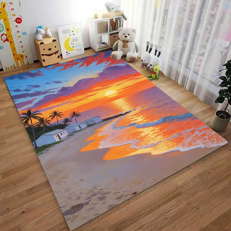 Tropical Sunset Beach Carpet with Palm Trees and Ocean View Pattern Suitable for use as an anti-slip for living room bedroom sofas