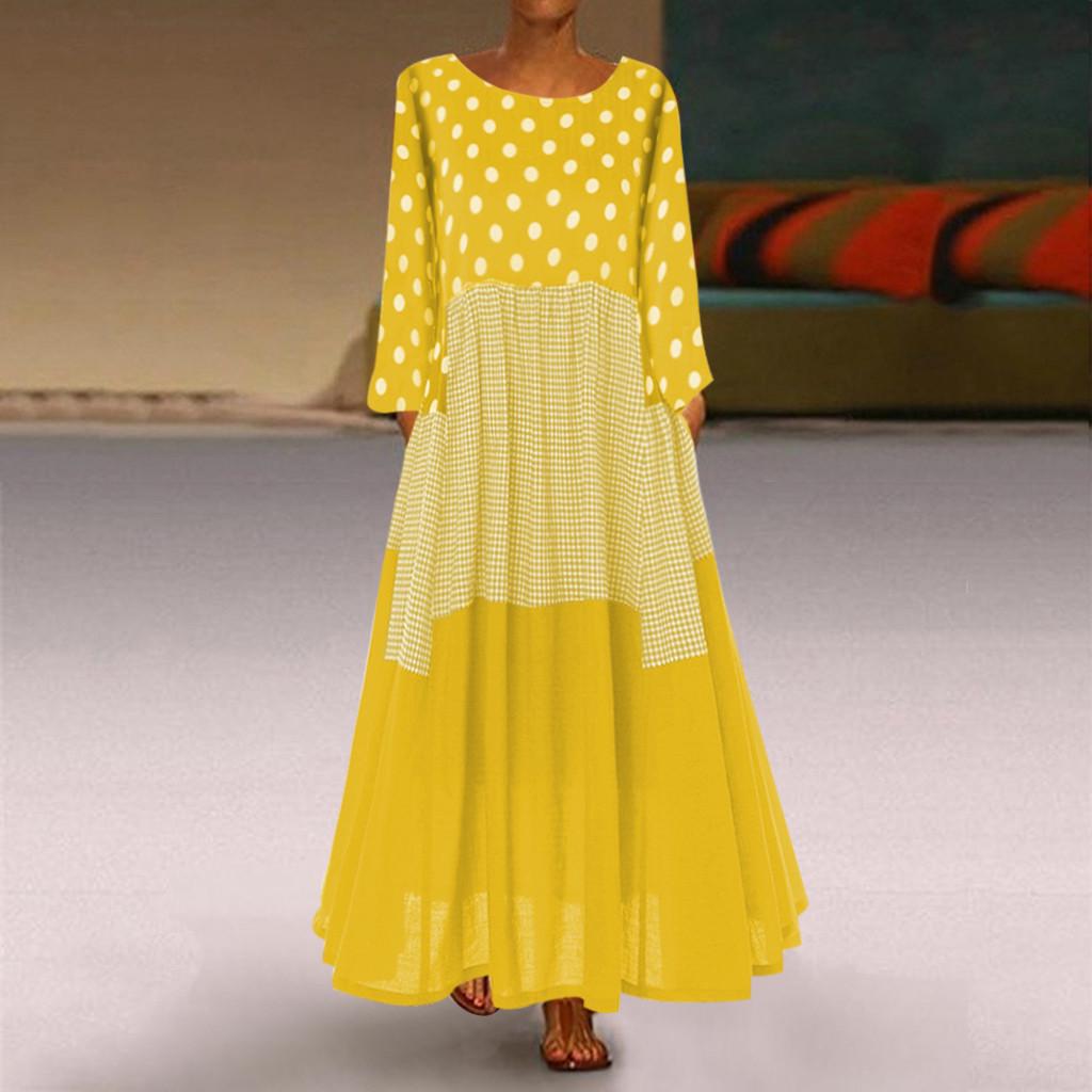 Women Vintage  Wave Point Print Dress Long Sleeves  Maxi Dress