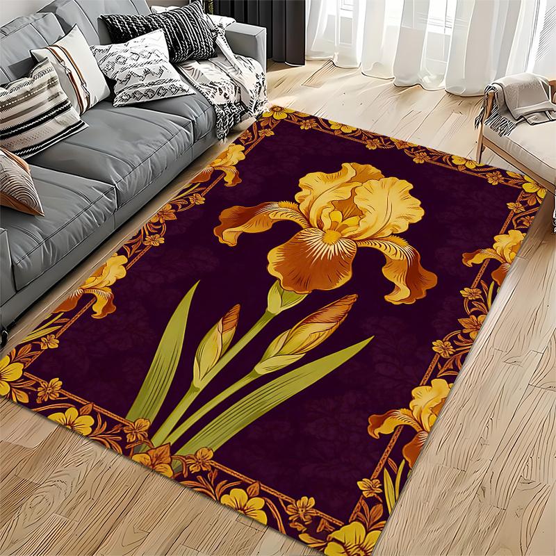 Yellow Iris Floral Carpet with Purple Background, Elegant Home Decor Suitable for Use As an Anti-slip for Living Room Bedroom Sofas