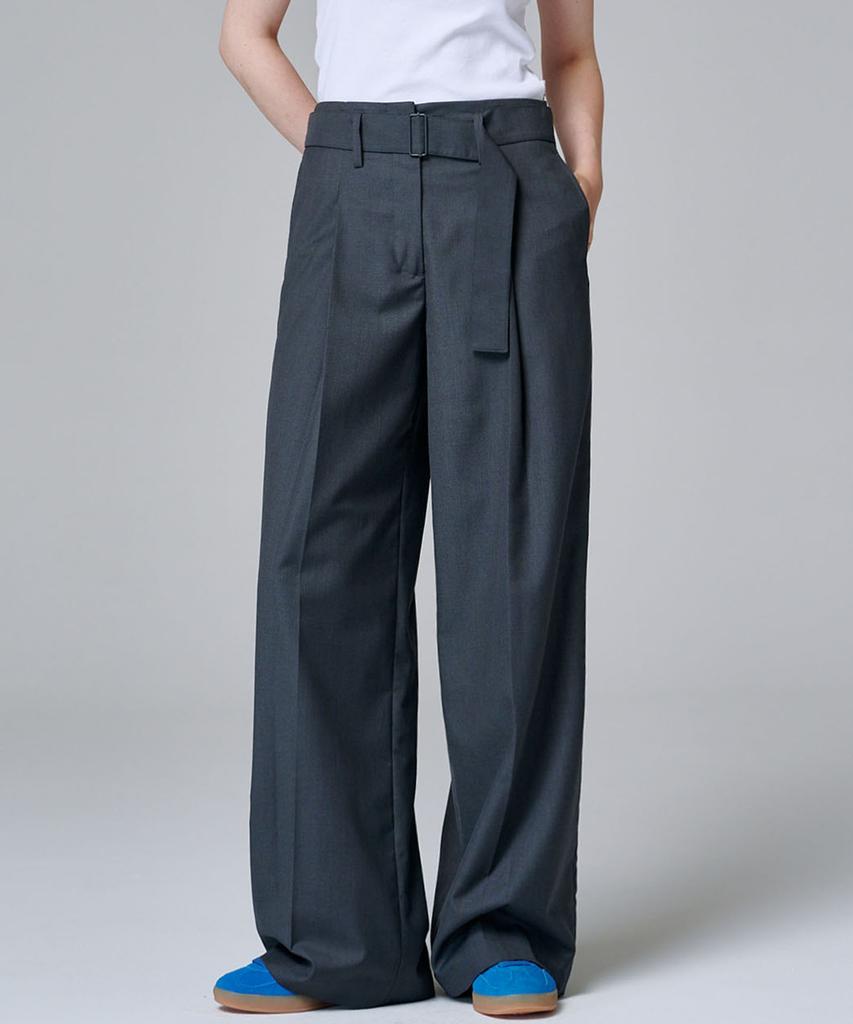 MALOUPE 2155 Single-Pleat Belted Wide Pants (Dark Gray)