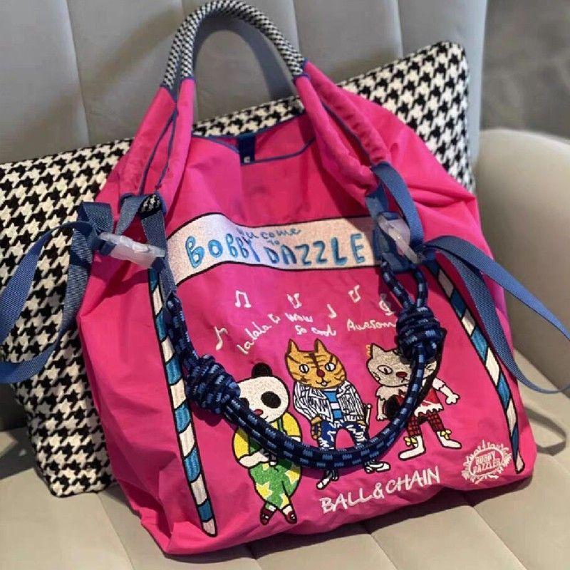 Niche Eco-Friendly Embroidered Nylon Shopping Tote - Handheld/Shoulder/Crossbody Bag with Artisanal Flair