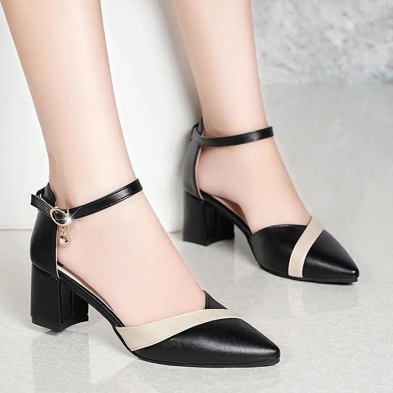 Women Cute Beige High Quality Office Career Square Heel Shoes Lady Sexy Party Elegant Black Buckle Shoes Ga85