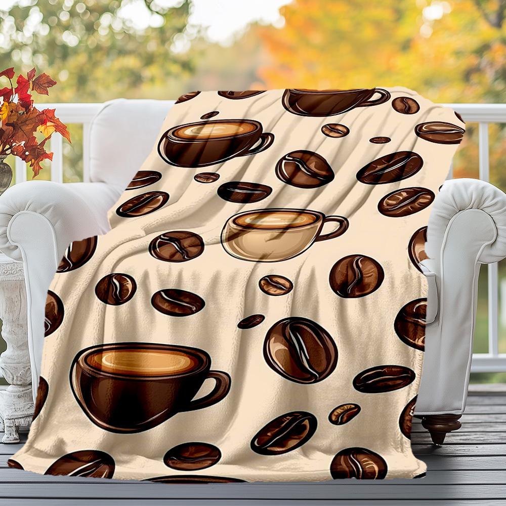 1pc Coffee Beans Coffee Cups Outdoor Flannel Blanket Soft Warm All-Season Throw for Sofa Bed Car Camping Office, Cozy Gift Idea1253S