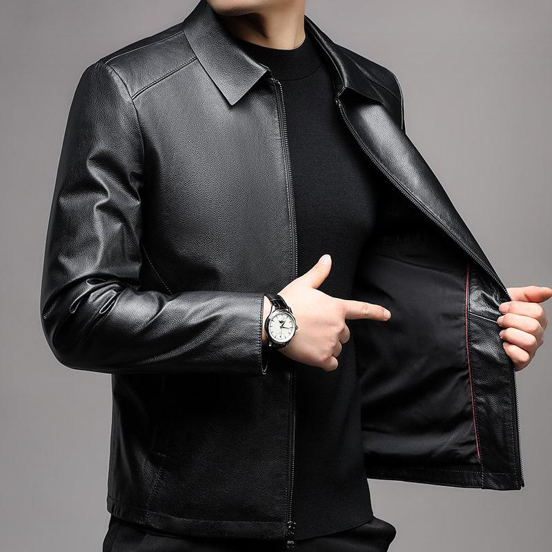 Autumn Leather Leather Jacket Men's Solid Color Lapel Leather Jacket Men's Leather Top Coat