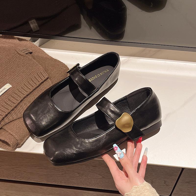 2025 Spring Soft Leather Metal Buckle Small Square Head Retro Flat Heel Single Shoes One-word Buckle Mary Jane Shoes Women's Shoes Flat Shoes
