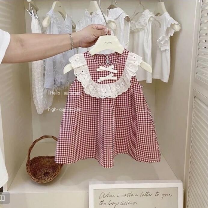 Summer Girls Red Plaid Sleeveless Vest Dress Cute Princess Baby Toddler Dress 90