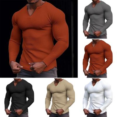 Fall Spring Men Top V Neck Solid Color Slim Fit Soft Casual Long Sleeves Patchwork Waffle Texture Elastic Mid Length Men T-shirt