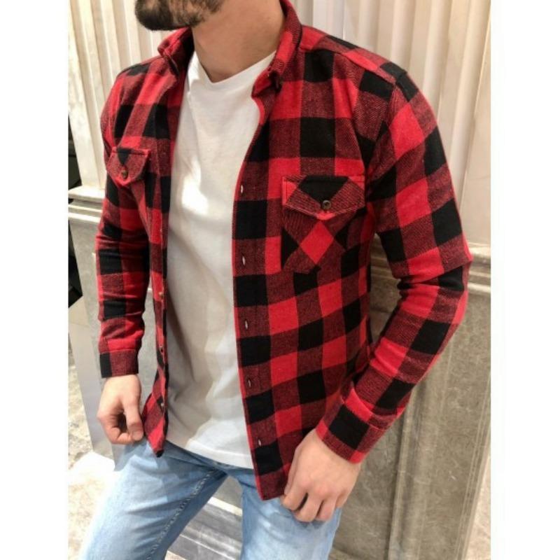 Camisa Casual de Hombre de Manga Larga a Cuadros con Cuello